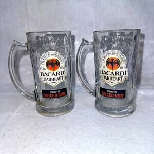 Pair of 2 Vintage Glass Bacardi Oakheart Smooth Spiced Rum 12oz Mugs Steins